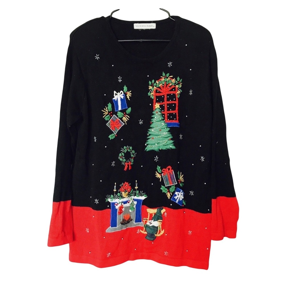 VTG Victoria Jones CHRISTMAS SWEATER Fireplace Cat Tree EMBROIDERED BEADED sz 1X